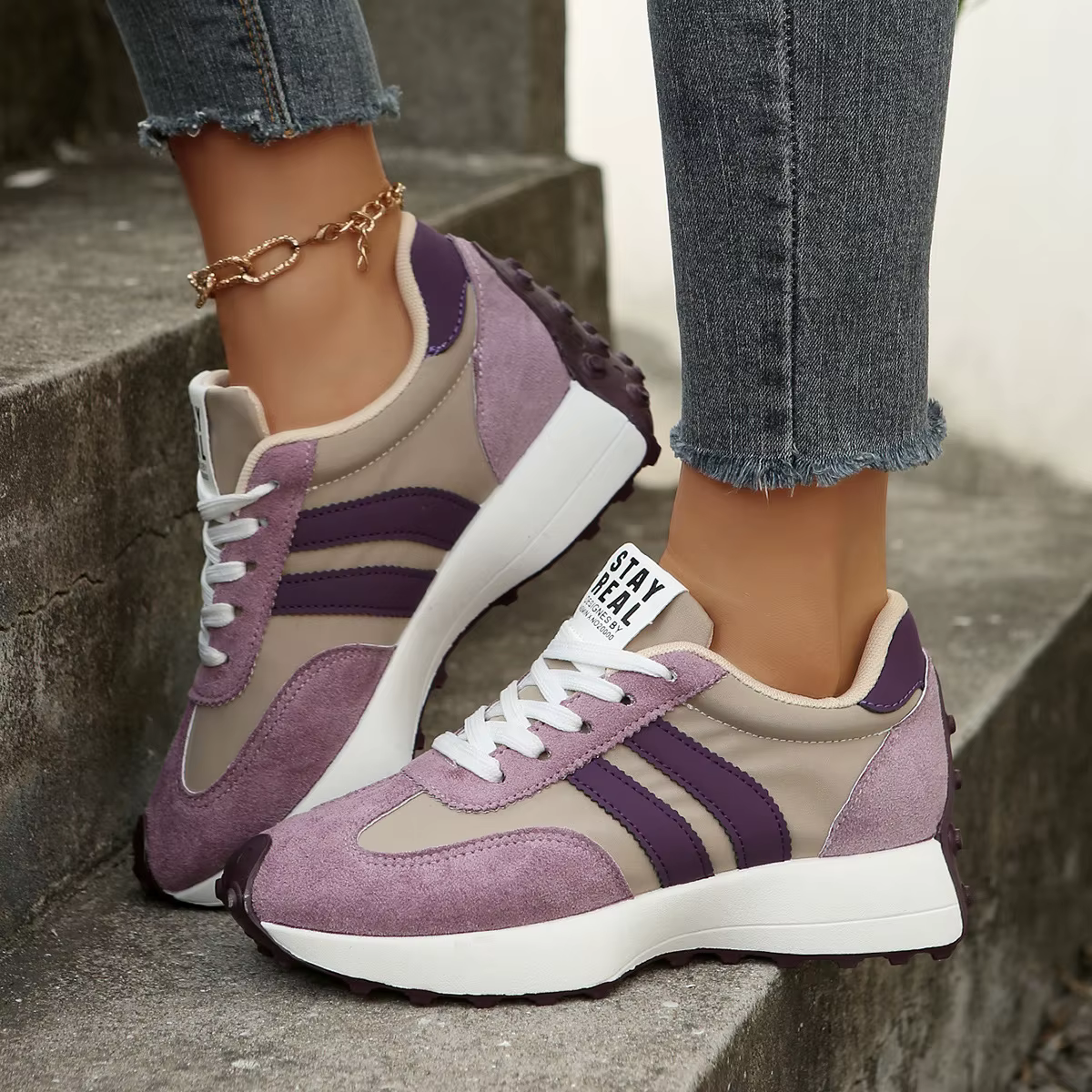 Chaussures de sport rétro color block pour femme, collection Printemps 2026, respirantes, décontract