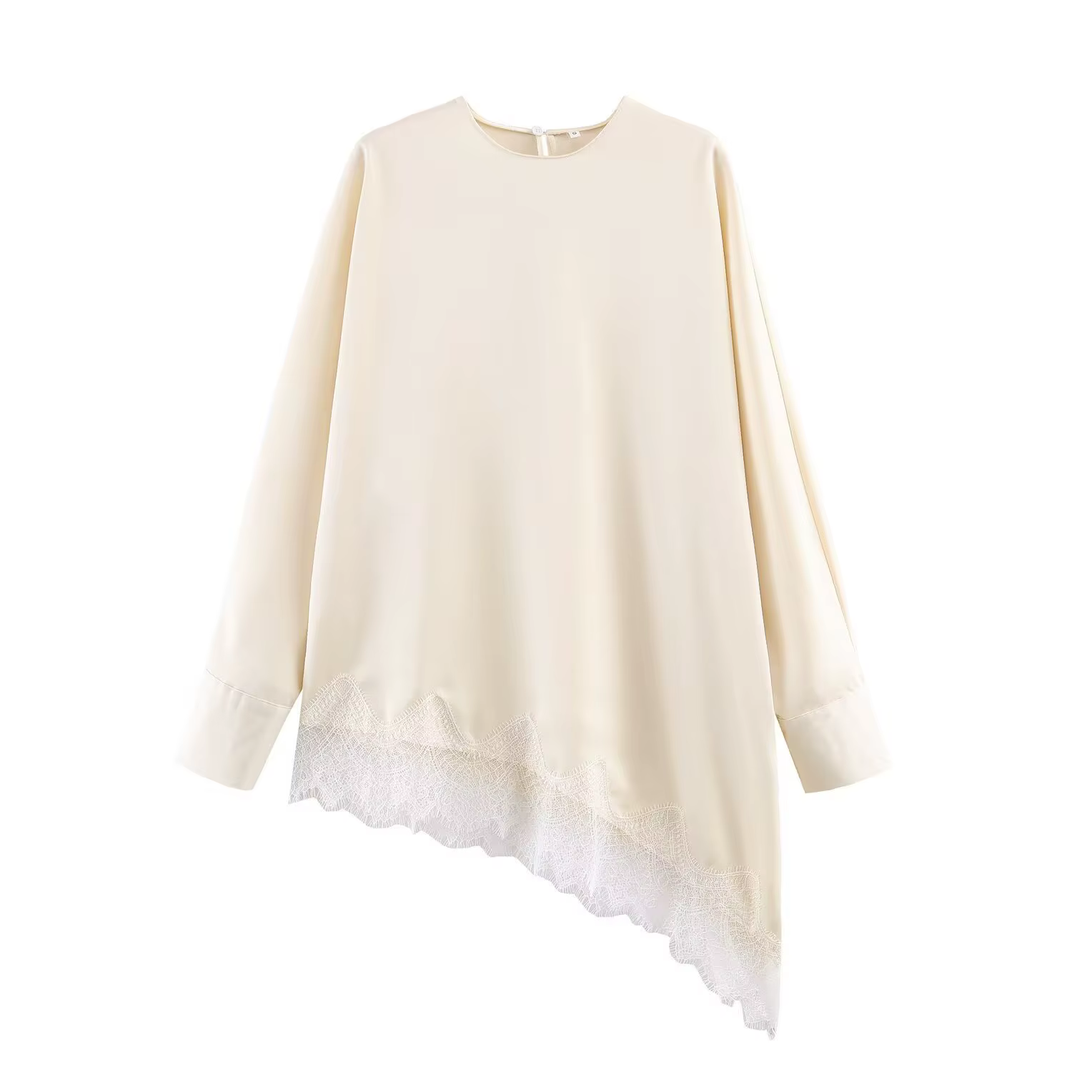 HH femmes mode rétro polyvalent col rond ourlet asymétrique dentelle pull chemise femme tempérament 