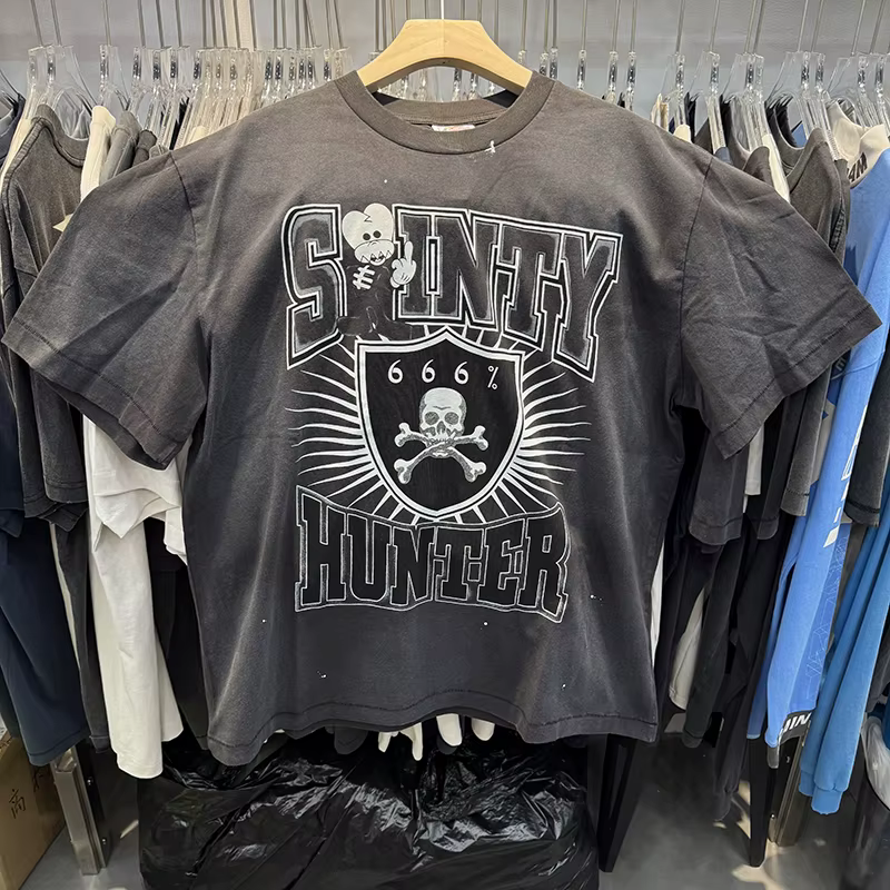 T-shirt oversize noir délavé SAINT à col rond, motif 666 Têtes de Mort, imprimé lettres tendance, ma