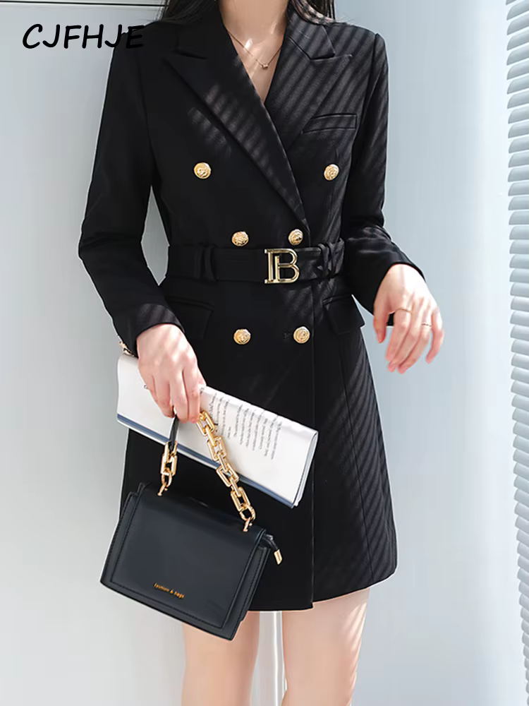 CJFHJE-Robe noire élégante avec ceinture pour femme, robes de bureau taille haute, boutons de rue, d