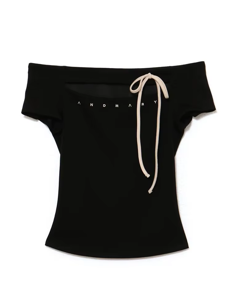 T-Shirt ajouré à épaules dénudées avec lettres brodées de poitrine japonaise, haut d'été Sexy à manc