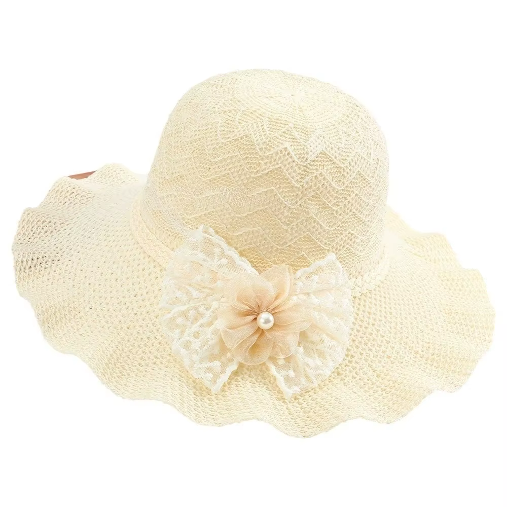Chapeau Bob Tricoté Léger à Large Bord Couleur Unie avec Nœud en Dentelle Respirant Protection UV po