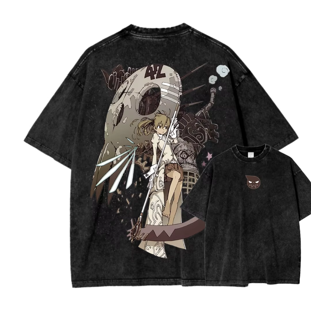 T-shirt délavé pour les fans de l'anime Soul Eater, grande taille, vêtements unisexes pour toute l'a