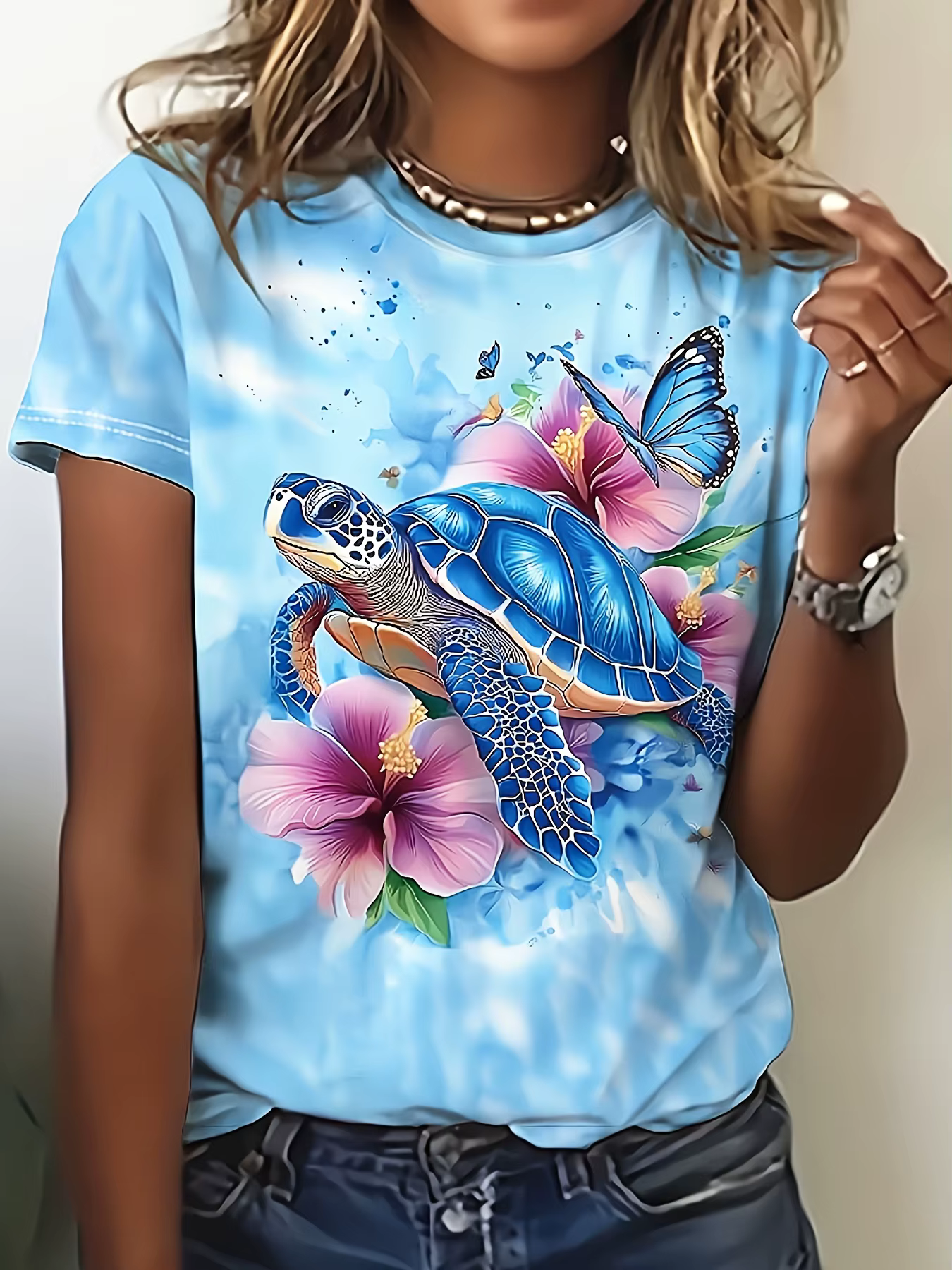 T-shirt pour femme bleu clair - Motif tortue bleue et hibiscus, imprimé plage tropicale pour un usag