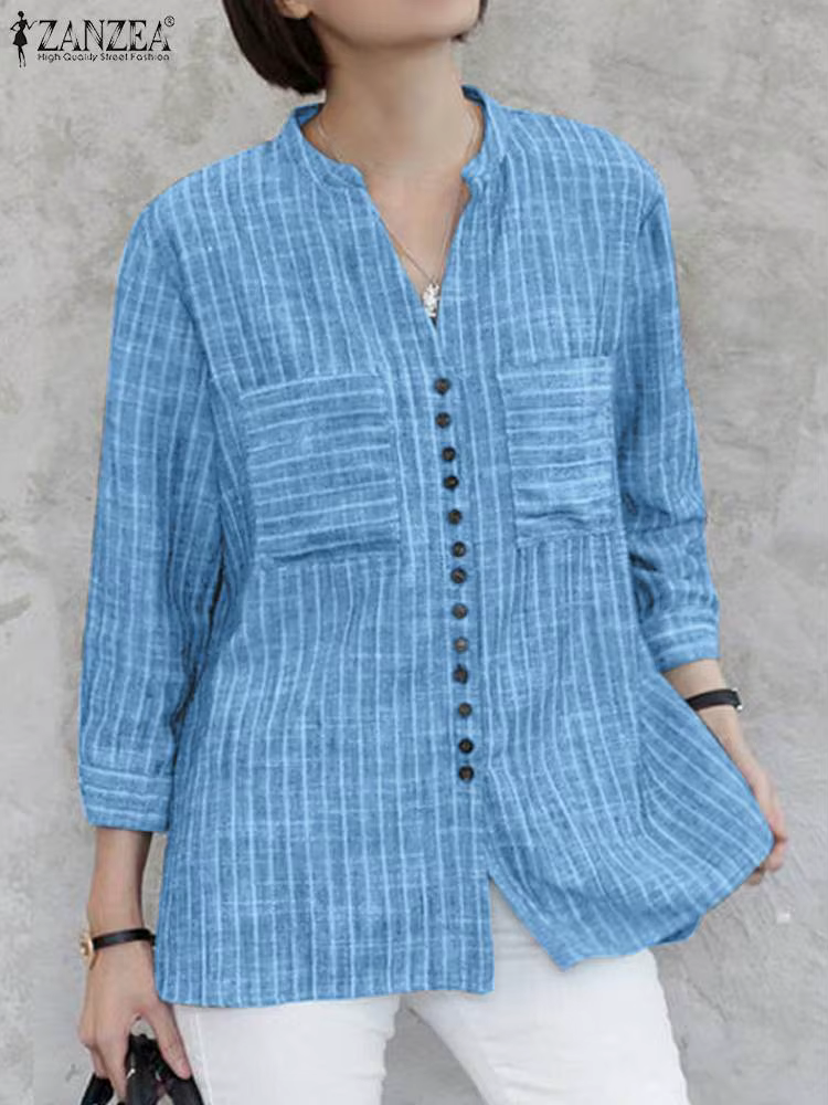 ZANZEA-Chemise rayée vintage pour femme, chemisier à col en V, manches 3/4, boutons décontractés, tr