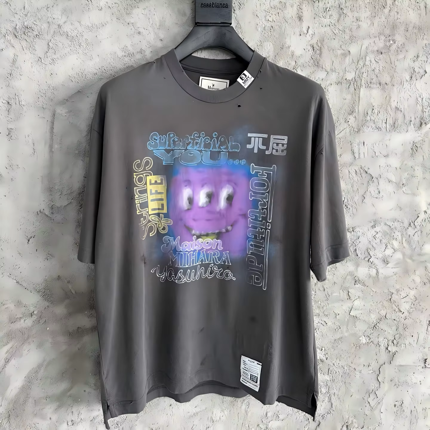 T-shirt vintage pour homme, délavé et vieilli, imprimé graffiti smiley, coupe ample, style streetwea