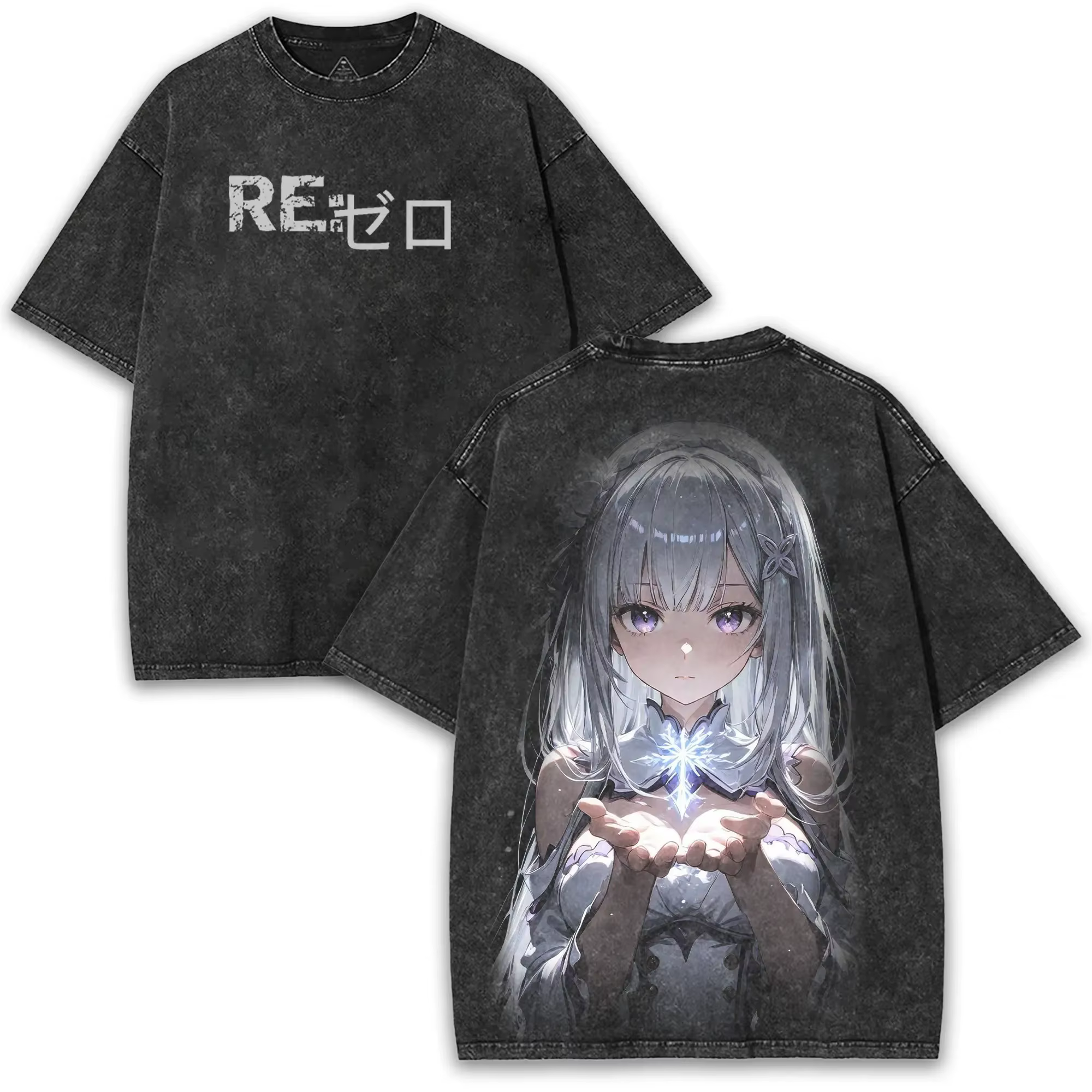 T-shirt Anime Re:ZERO Emilia pour hommes, vêtements de rue, style délavé, surdimensionné, manches co