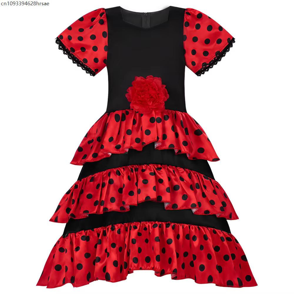 Robe de Flamenco Espagnole Rouge Longue pour Enfant, Tenue de Danse, Journée Mondiale du Livre, Spec