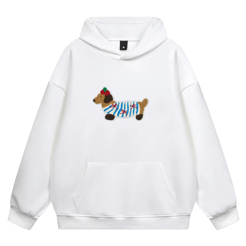 Sweat à capuche brodé de chien de dessin animé pour femmes, pull à capuche, sweat-shirt décontracté,