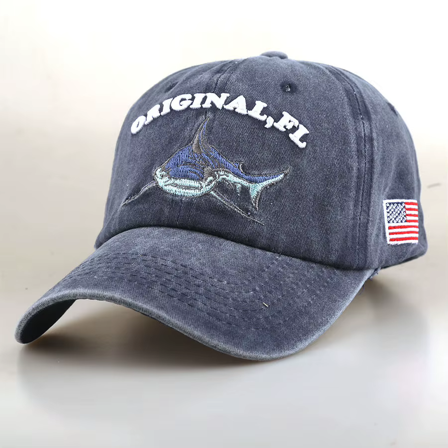 Chapeau de baseball à broder en style FL Shark, chapeau de camping vintage lavable, avec emblème de 