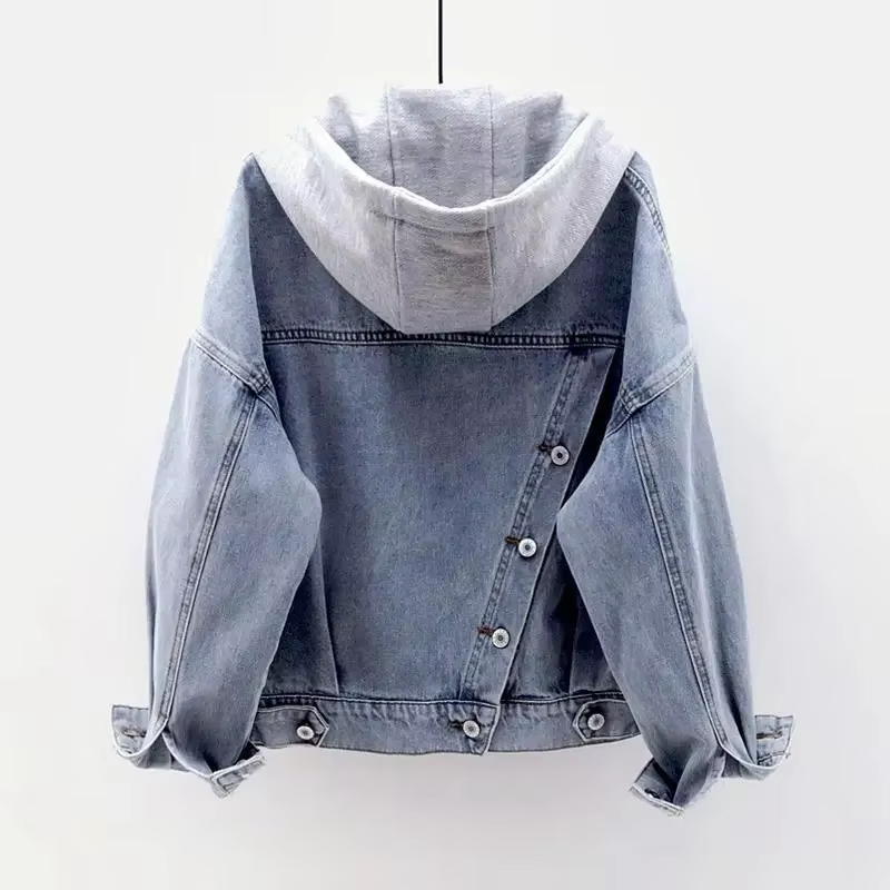 Veste en jean écolière Version coréenne veste courte ample à manches longues veste à capuche multi-p