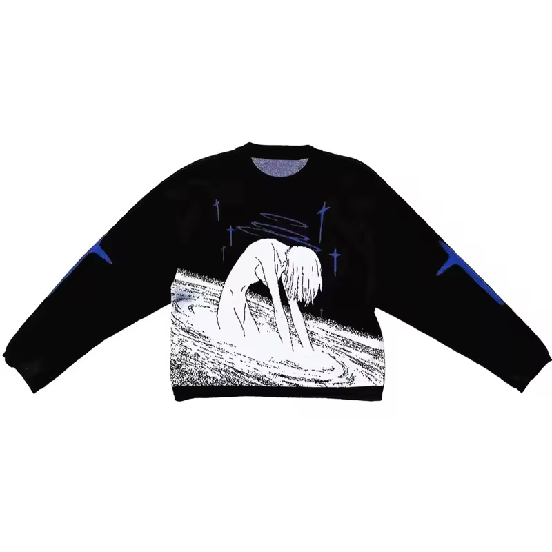 Pull à motif imprimé anime mignon pour femmes, pull à col rond, tricots respirants, streetwear Haraj