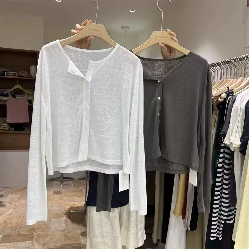 Femmes chemise à manches longues haut chemisier femme ample été Cardigan mince Sexy couleur unie che