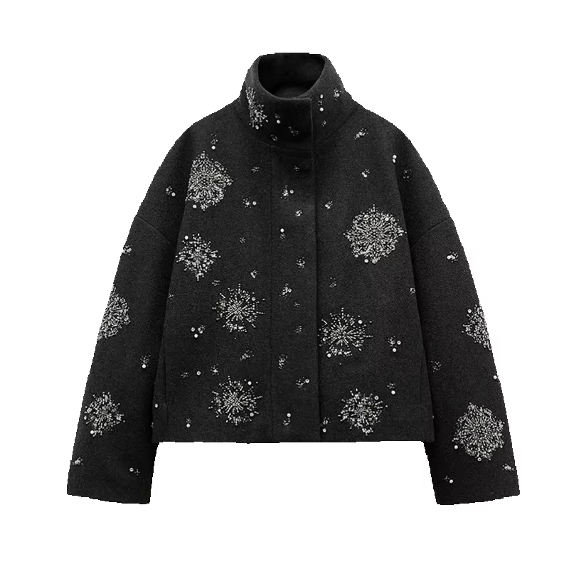 Manteau en laine à fleurs perlées pour femmes, col montant, paillettes grises, pardessus court, vest