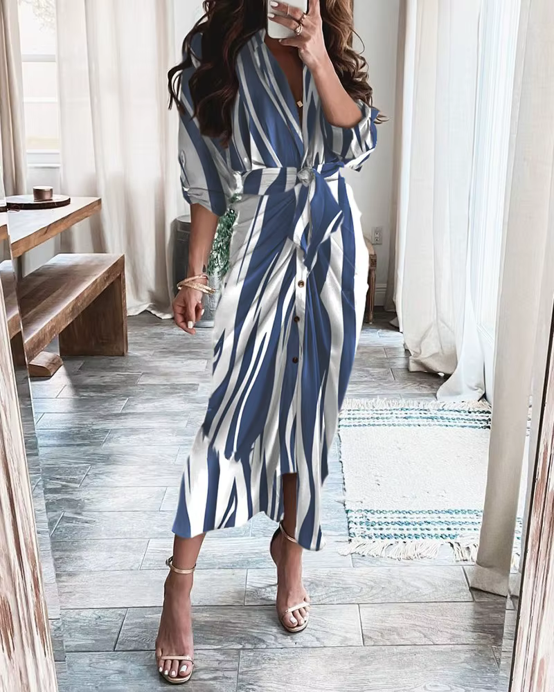 Robe chemise pour femme, imprimé nautique, col en V, manches longues, taille froncée, robe midi