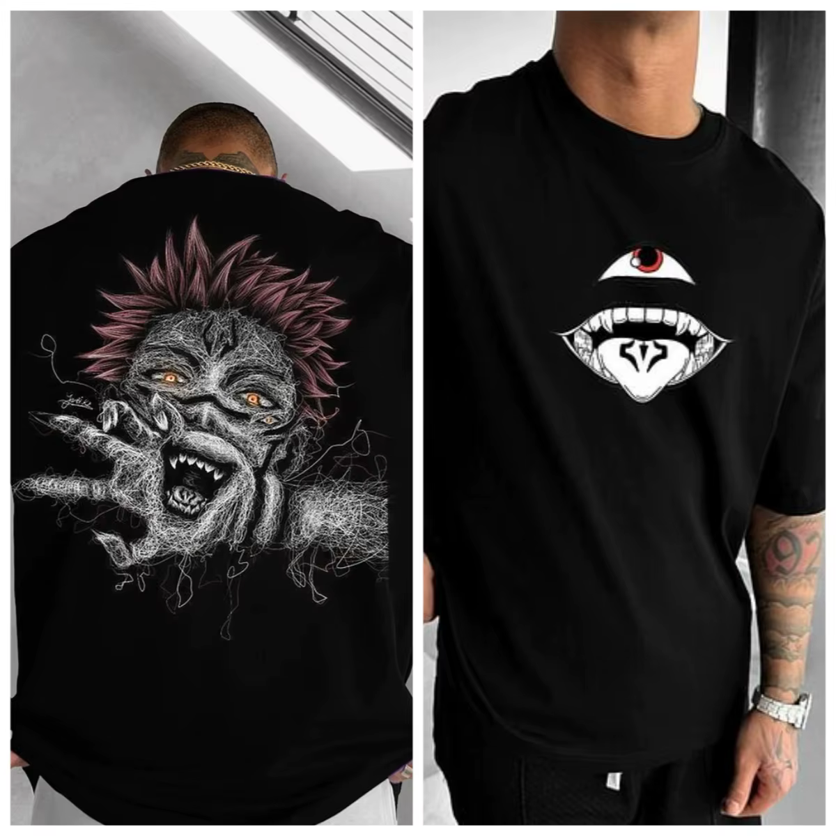 T-shirt graphique Jujutsu Kaisen Sukuna pour homme, noir, imprimé personnage d'anime, coupe oversize