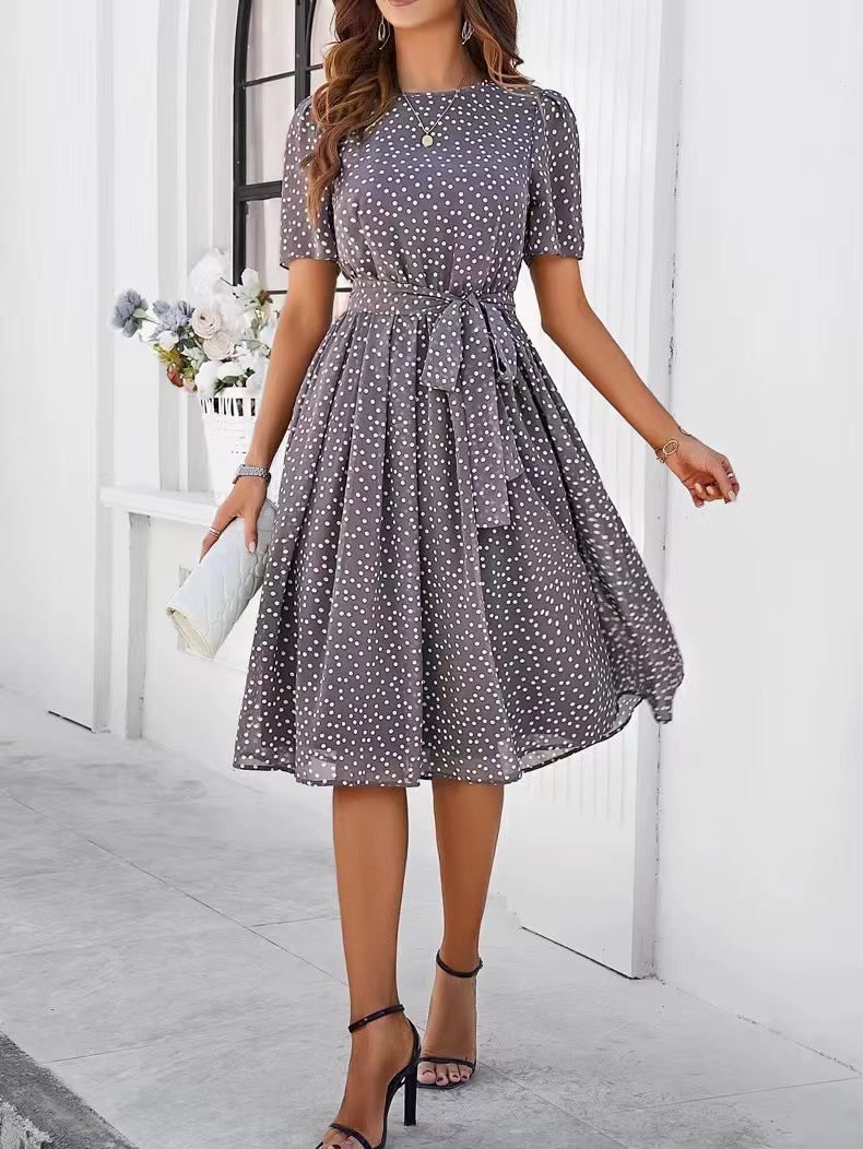 Vêtements pour femmes 2025 printemps et été tempérament décontracté à pois à lacets robe imprimée