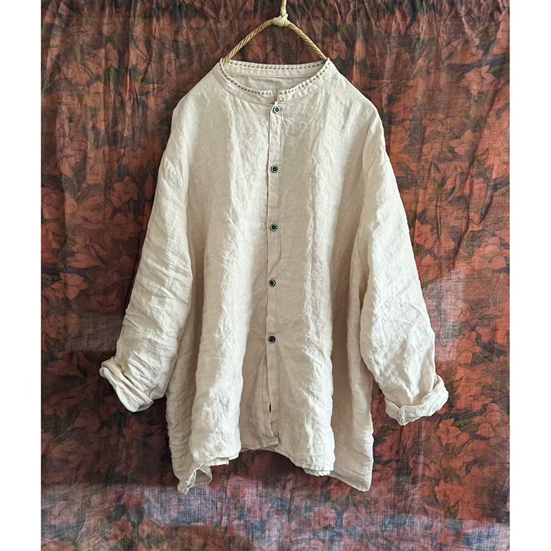 Femmes à manches longues chemise en lin nouveau 2025 printemps Style Vintage col montant couleur uni
