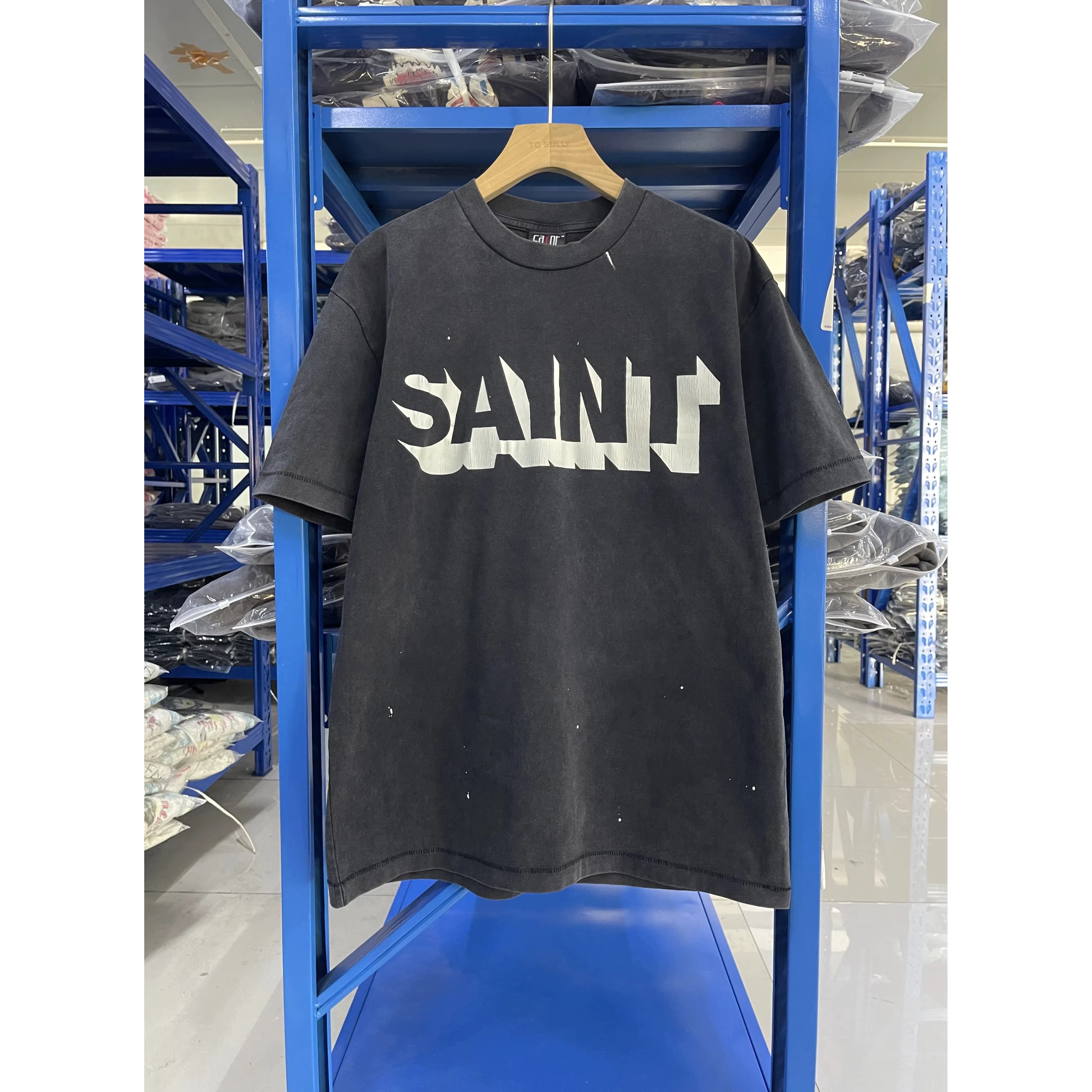T-shirt graphique délavé SAINT, style vintage, coupe ample, surdimensionné, en coton, manches courte