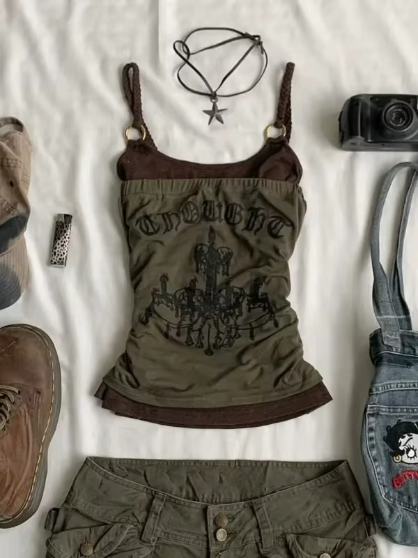 Streetwear 2 pièces ensemble fronde Y2k vêtements mince Sexy Goth Punk Vintage lettre imprimer esthé