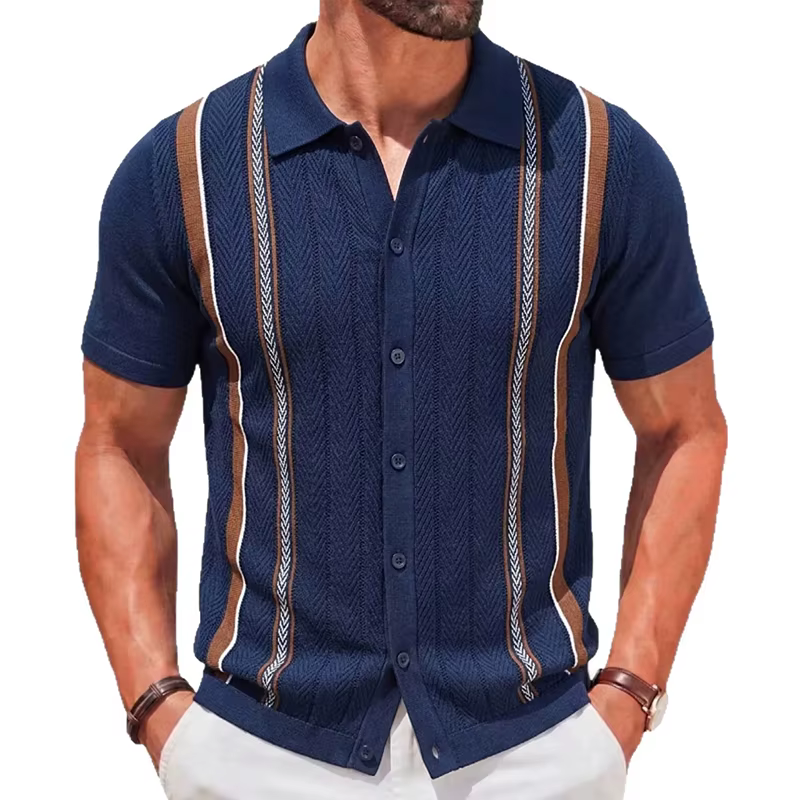 Chemises polo en tricot rayées rétro pour hommes, bordure blanche contrastée, boutons, hauts décontr