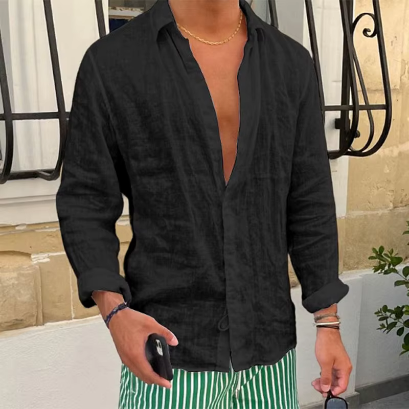 Chemises Vintage à col rabattu et boutons pour hommes, chemise décontractée en lin de couleur unie, 