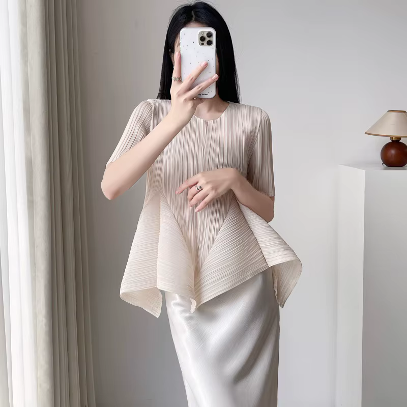 T-shirt plissé Miyake, Nouvelle collection été 2026, Haut à manches courtes à volants, Élégant pour 