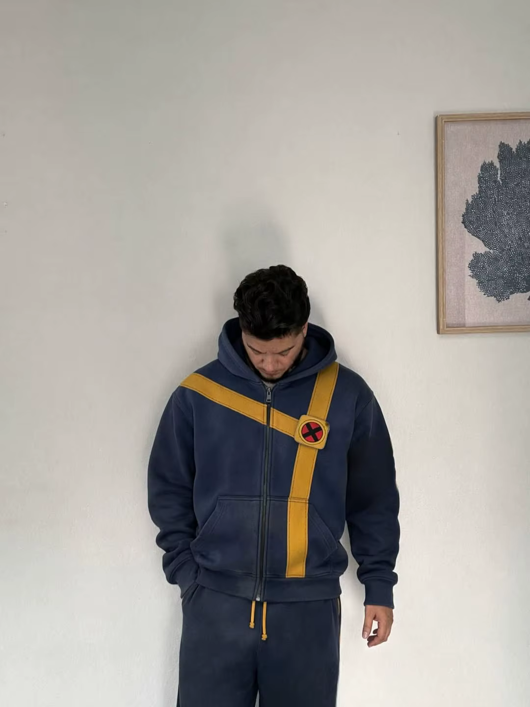 Sweat à capuche zippé color block pour homme, bleu marine rétro, jaune, à rayures diagonales, avec p