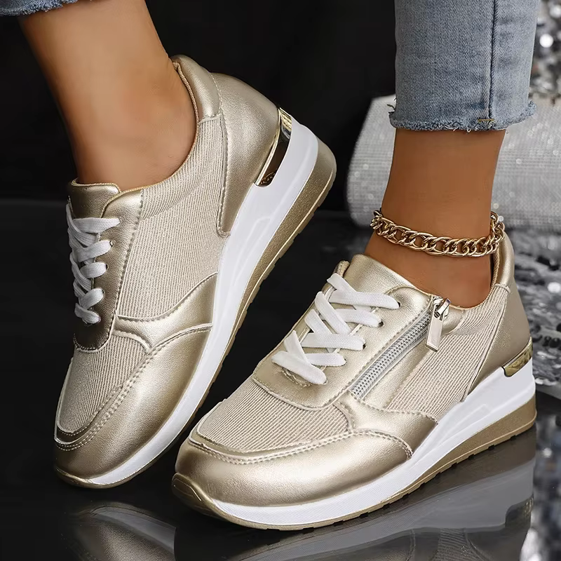 Mode fond épais argent baskets femmes 2025 printemps talon compensé chaussures vulcanisées femme con