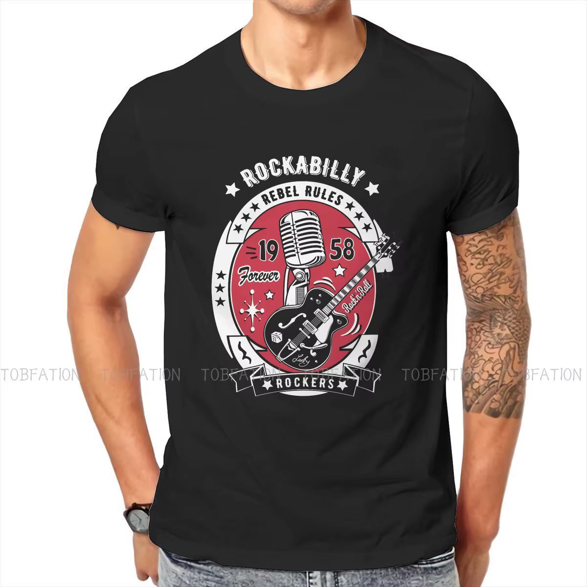 Rock 50s Rockabilly musique 1958 Rock and Roll Vintage Rocker années 60 70 guitare t-shirt été vêtem