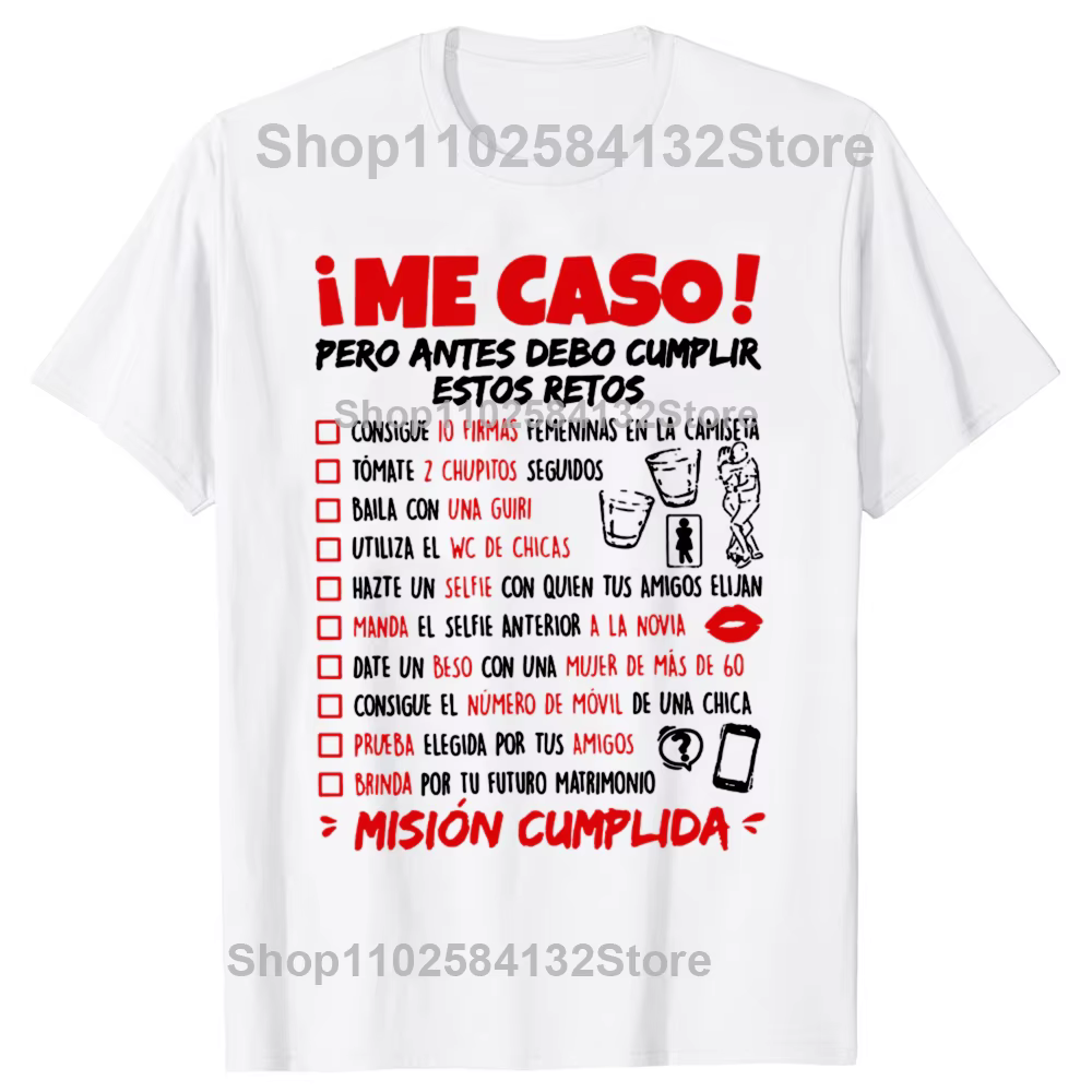 T-shirts amusants pour enterrement de vie de garçon, liste de défis, humour espagnol, mariage, marié