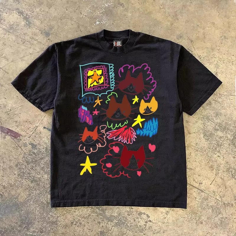 Cloud cat art graffiti imprimé niche T-shirt à manches courtes pour hommes et femmes, haut décontrac