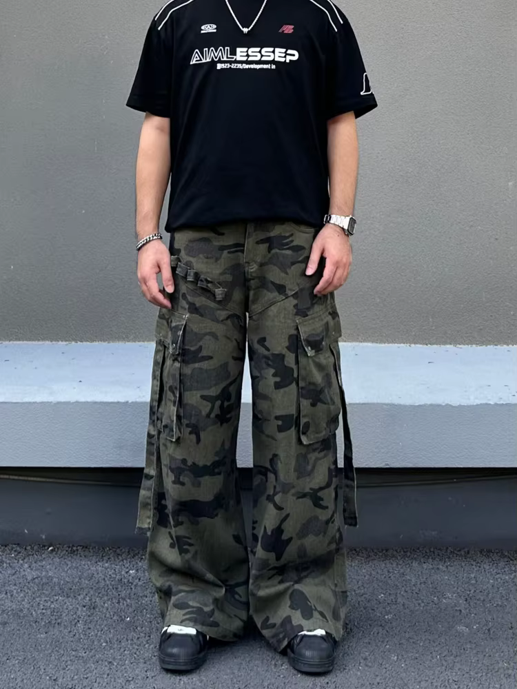 Nouveau Jean Cargo Baggy Camouflage Streetwear Cyber Y2K 2026 pour Homme – Coupe Droite Multi-Poches