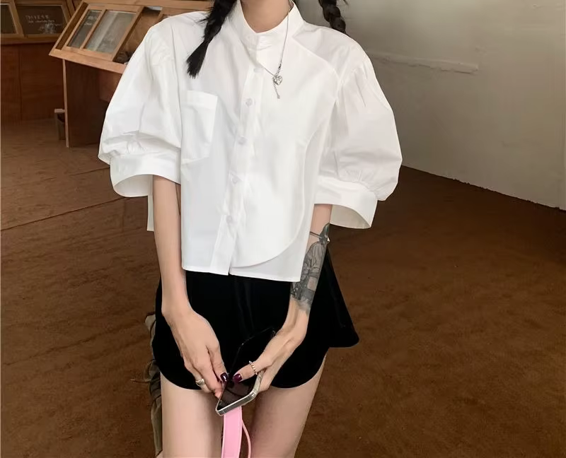 Chemise blanche à manches bouffantes pour femme, style été, manches mi-longues, trois-quarts, haut c
