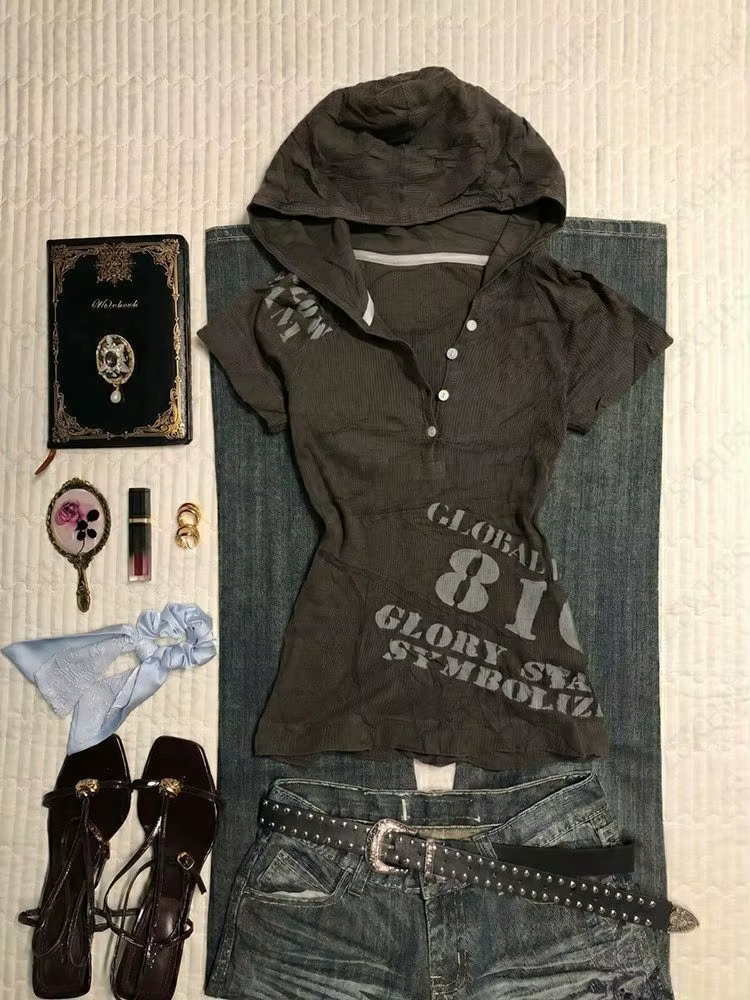 T-shirts à capuche gothiques Y2K avec motif lettres, marron, manches courtes, style punk, grunge, st