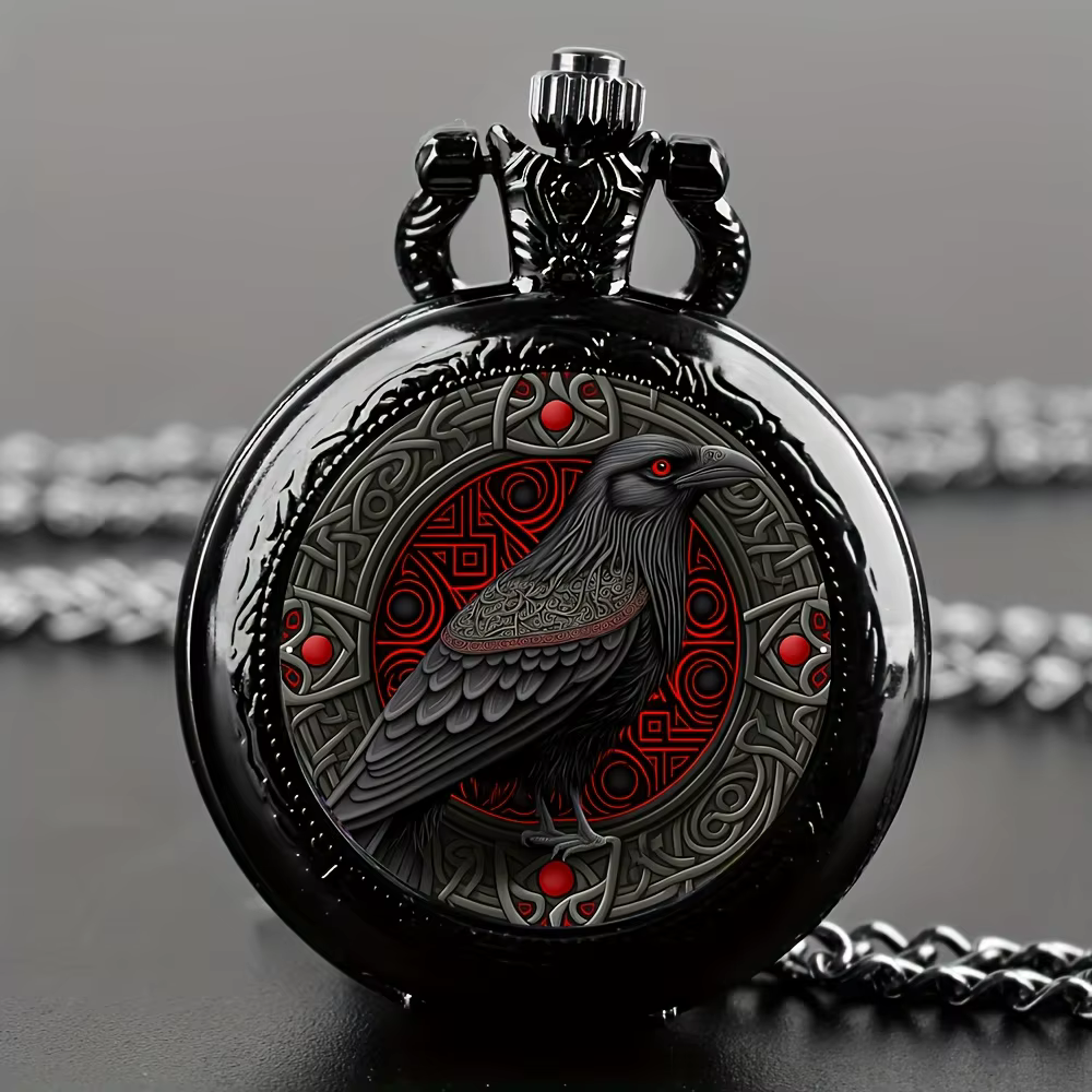 Montre de poche Black Raven au design gothique avec boîtier et bracelet en alliage de collier, mouve