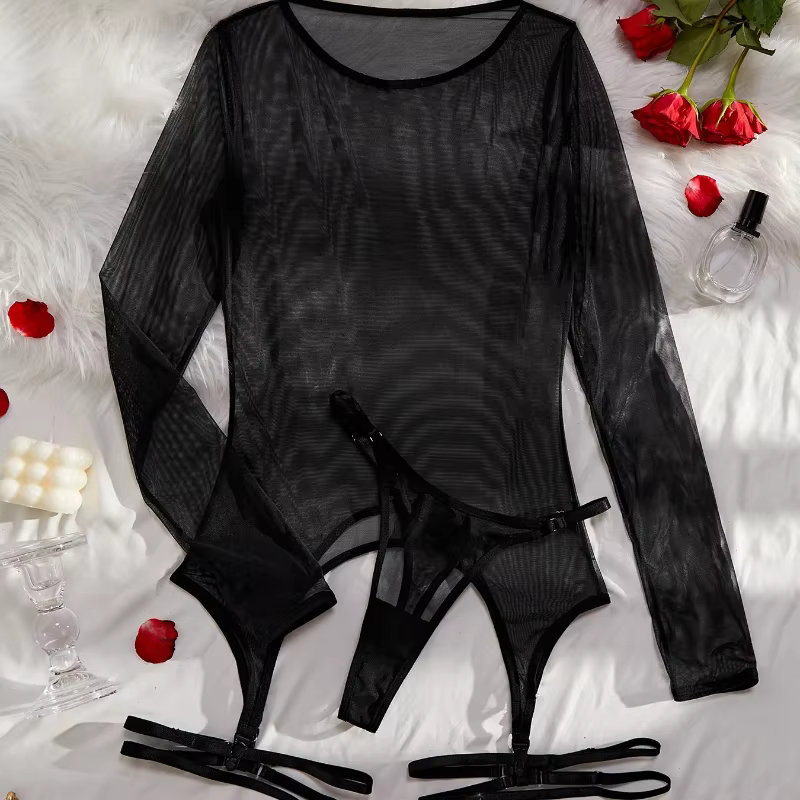 Toucheart-Sous-vêtements en maille imprimé léopard pour femmes, haut transparent à manches longues, 
