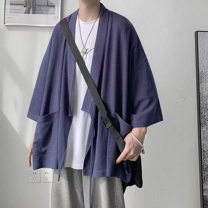 Chemise en lin pour hommes, style fin, manches sept quarts, robe taoïste pour hommes, rétro, décontr