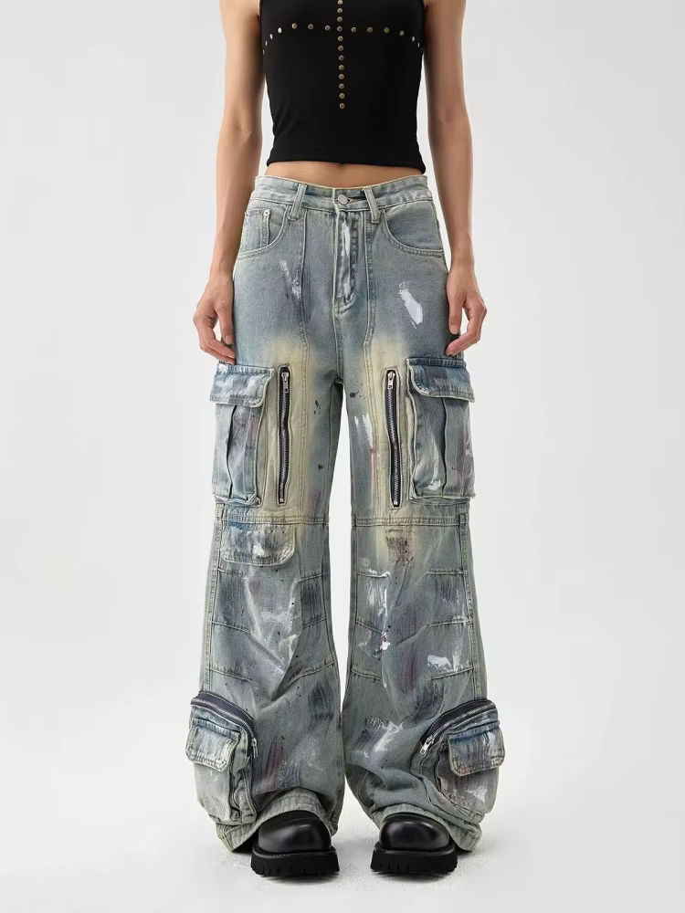 Trashy Y2K 2000S en détresse bleu peinture Splash Baggy Cargo jean pantalon pour femmes 90S Vintage 