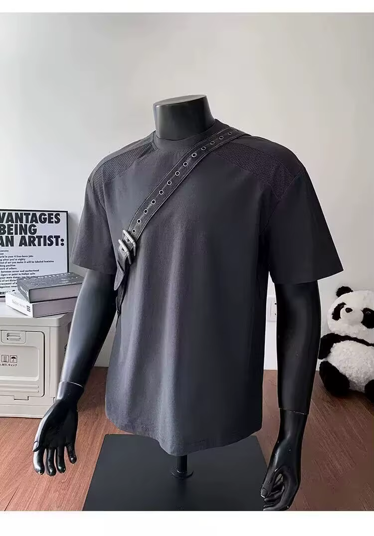T-shirt déstructuré à coupe épaules tombantes style américain, manches courtes, pour hommes et femme