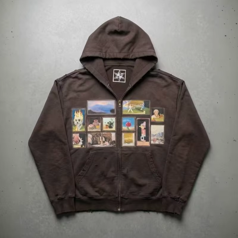 Sweat à capuche zippé Y2K Grunge Rétro Pixel Art Gallery Print pour Hommes et Femmes, Marron Délavé 