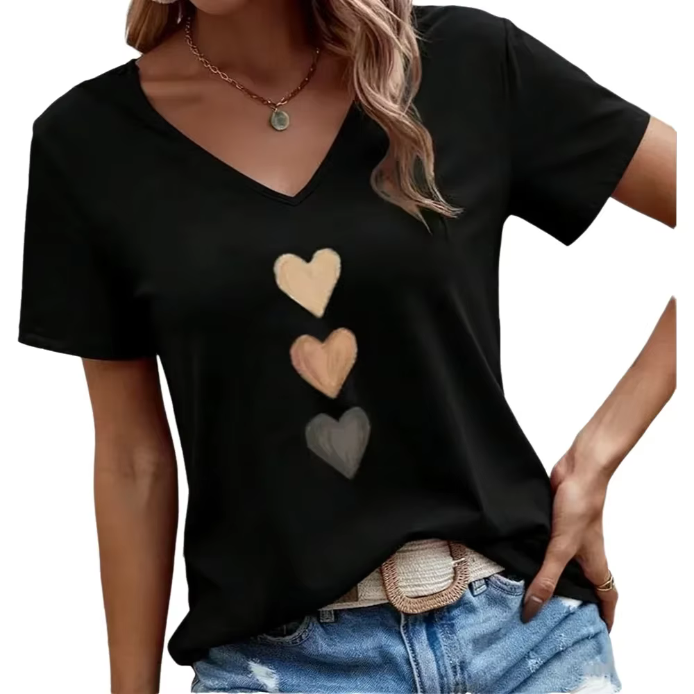 T-shirt pour femme col en V à manches courtes, imprimé cœur dégradé, coupe ample, doux, décontracté,