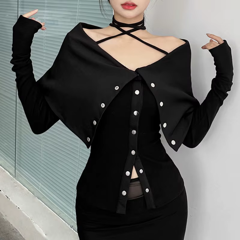 Neploe Y2k grand revers épaules dénudées T-shirts printemps nouveau coupe ajustée hauts noirs femmes