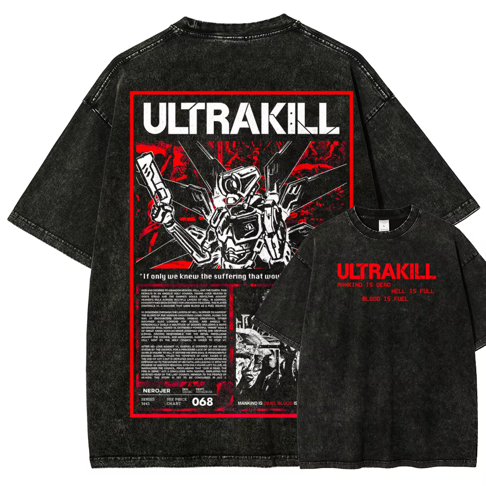 Ultrakill Nouveau modèle T-shirt délavé pour les amateurs d'anime, vêtements de caractère, coupe ove