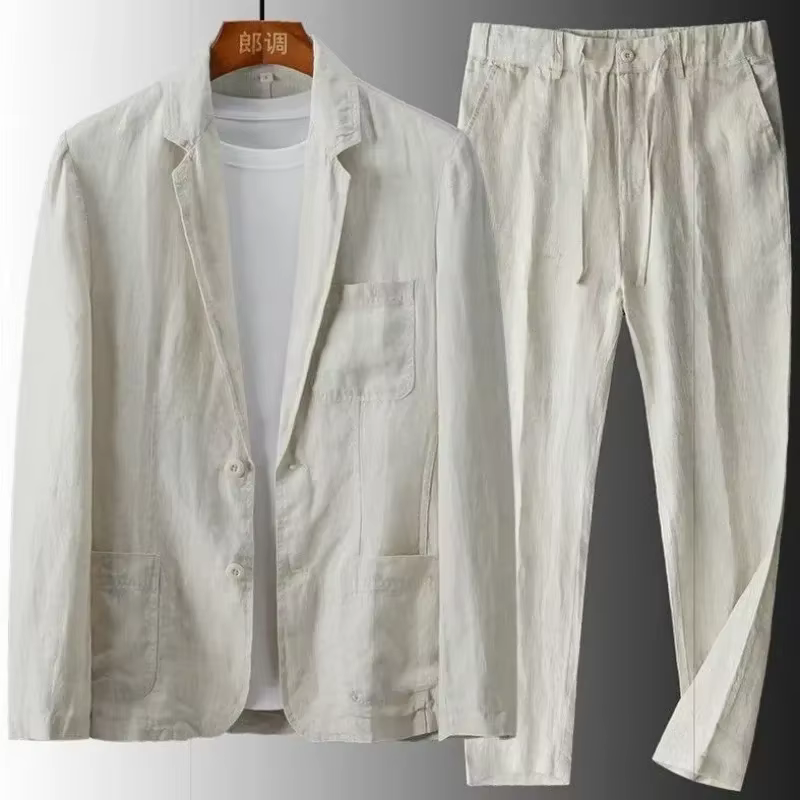 Ensemble décontracté homme printemps-été en coton et lin, deux pièces : veste blazer + pantalon, ten