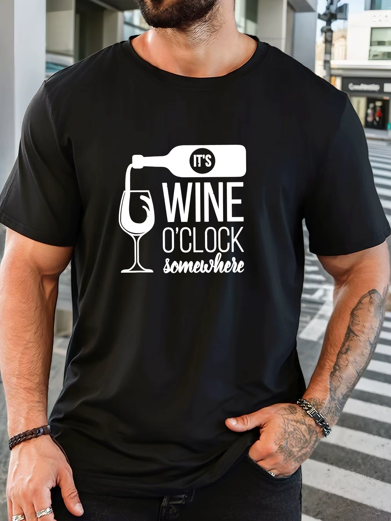 T-Shirt homme 2025 nouveauté thème vin spirituel graphique «IT'S WINE O'CLOCK» imprimé blanc haut él