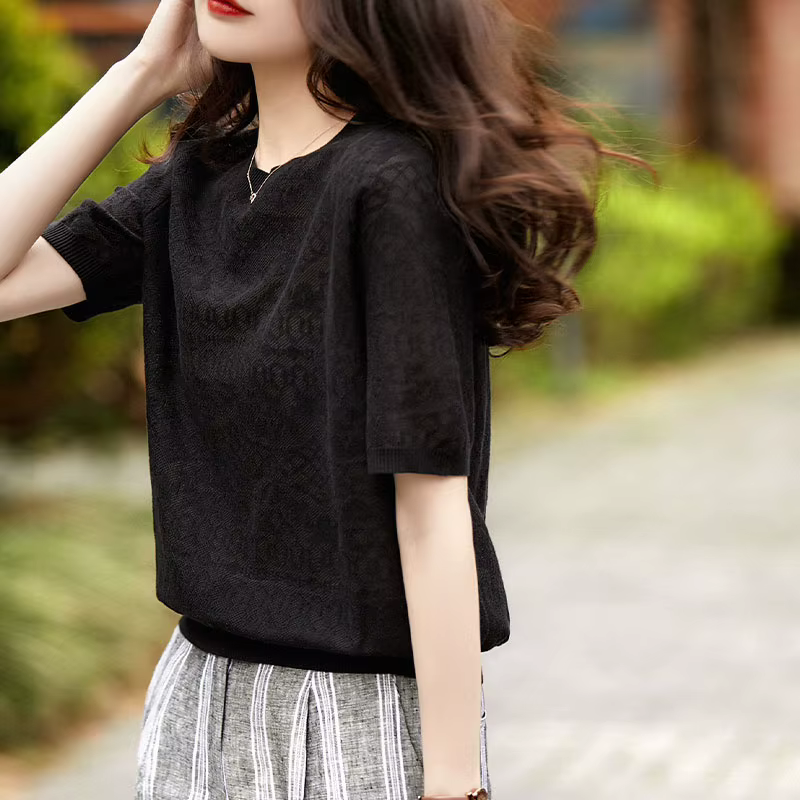 Vêtements pour femmes Version coréenne Jacquardtemperament T-shirt été élégant ample tricot à manche