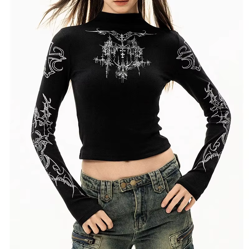 Grunge femmes T-Shirt Y2k esthétique col mi-haut t-shirts imprimé graphique à manches longues hauts 