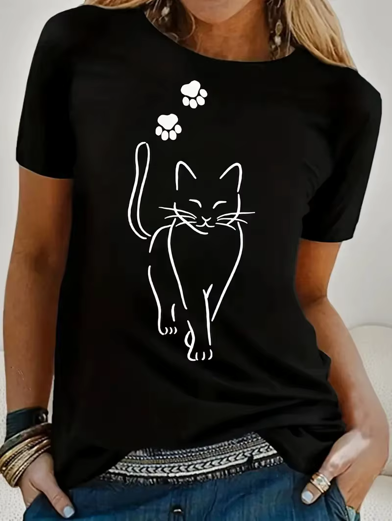 Fantaisie chat imprimé T-shirt chat femmes Kawaii T-shirt fille décontracté à manches courtes haut c