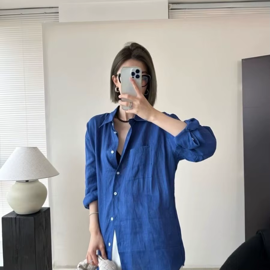 Chemise à manches longues en lin blanc pour femme, coton fin, style vieux argent, haut de protection